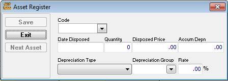 When a Disposal code is used on a receipt an Asset Disposal form pops up for the disposal details to be entered.