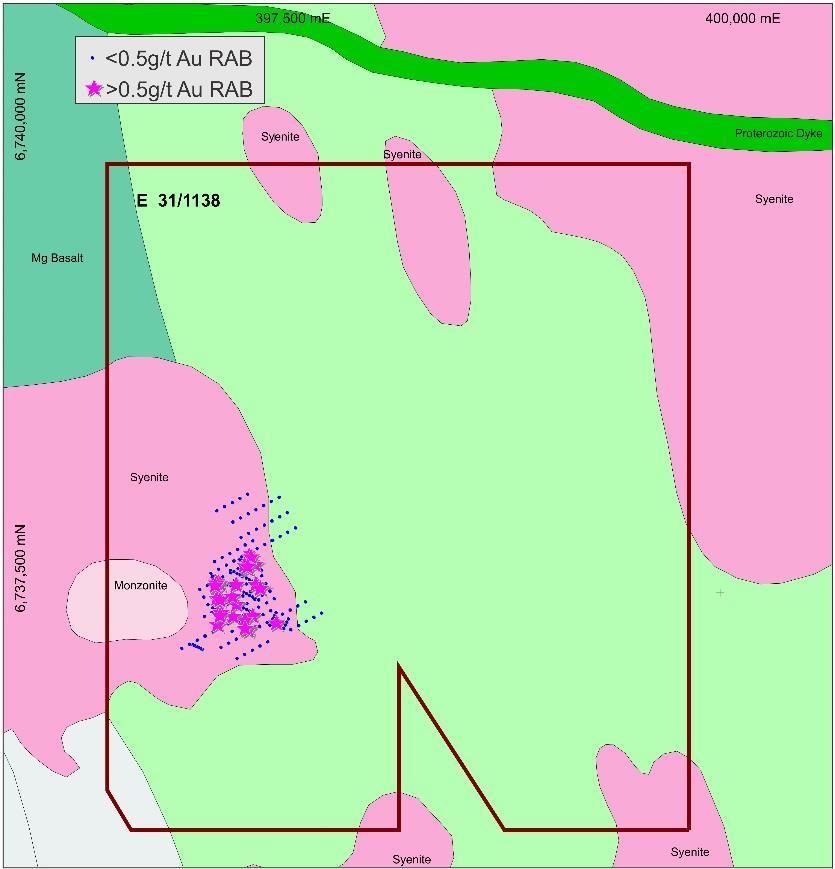Historical Exploration A total of 226 shallow RAB holes totalling 4,310m (maximum hole depth of 45m) have been completed across the Dingo Project. Significant (>0.