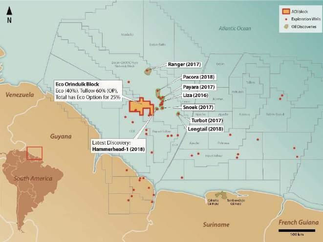 Eco Atlantic (15% WI*) - Guyana Offshore South America Orinduk Block Tullow (OP) 60%, Total (25%), Eco 15% Emerging play with active exploration by Exxon, Hess, Nexen,