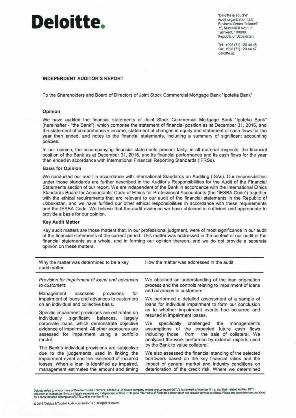 INDEPENDENT AUDITOR S REPORT To the Shareholders and Board of Directors of Opinion We have audited the financial statements of (hereinafter - the Bank ), which comprise the statement of financial