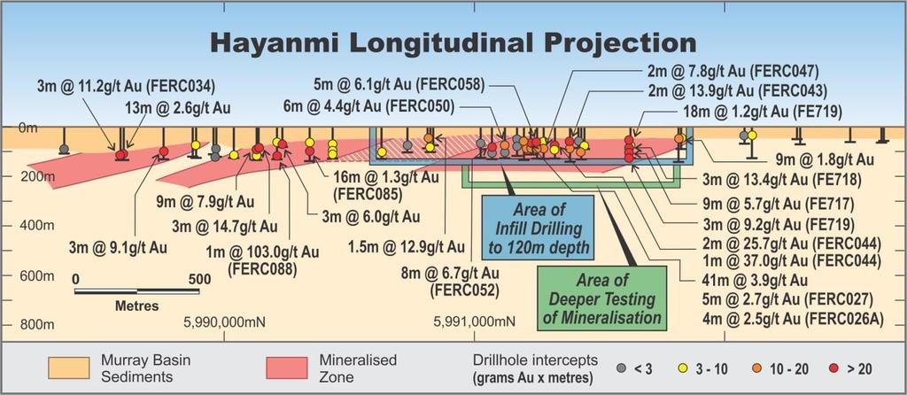 Figure 3: Longitudinal Projection of Hayanmi Prospect showing areas of drilling proposed for