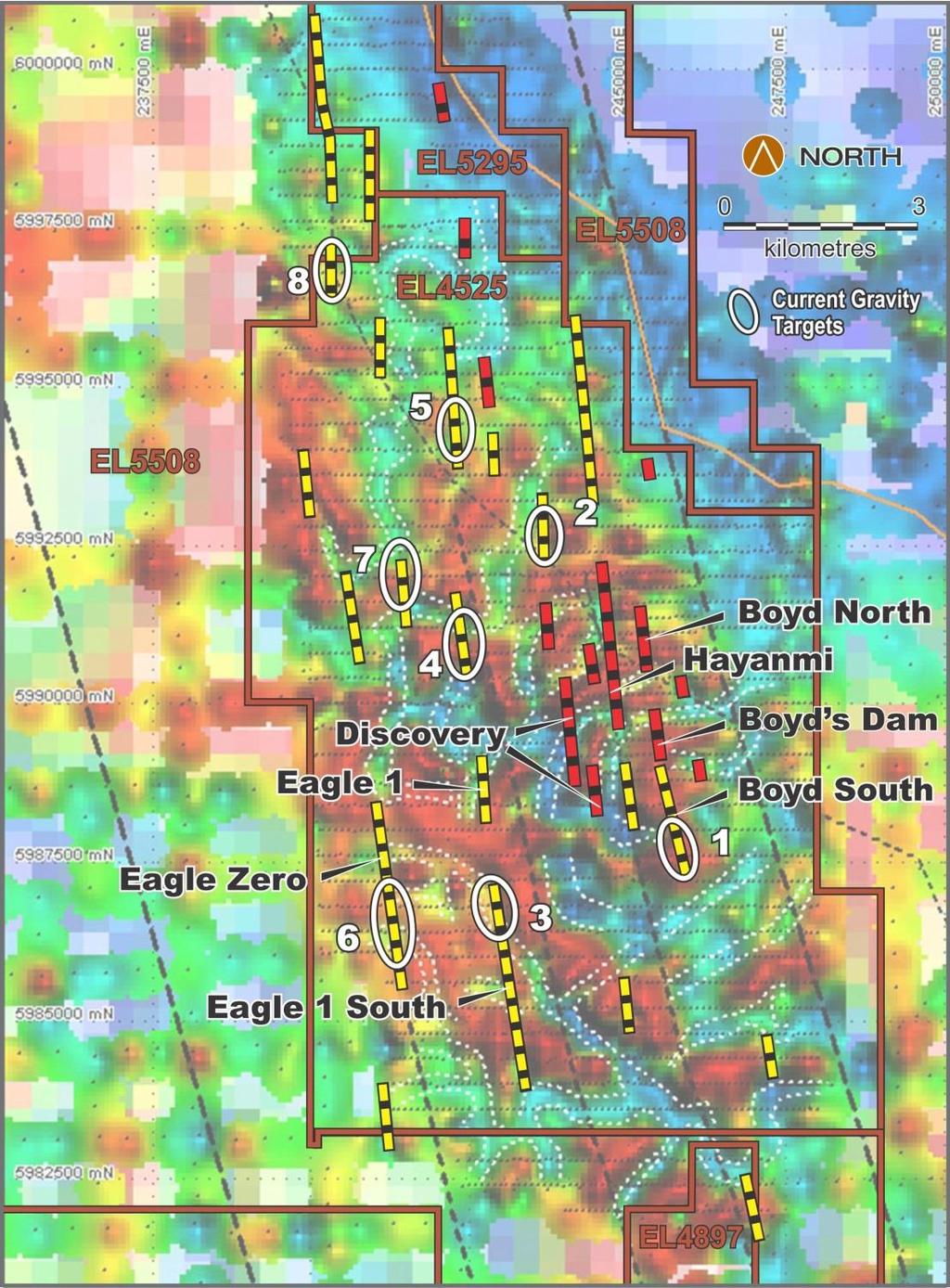 Figure 4: Gravity Geophysical Targets at Four Eagles Gold Project showing