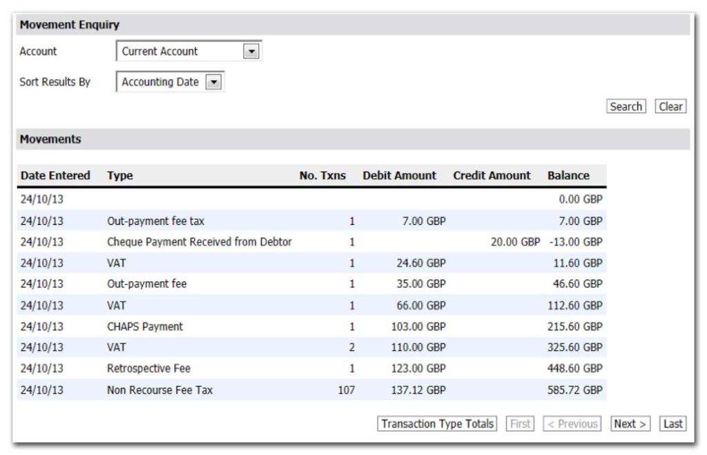 Example results Current Account When you select the account type of Current Account, you will see a list of