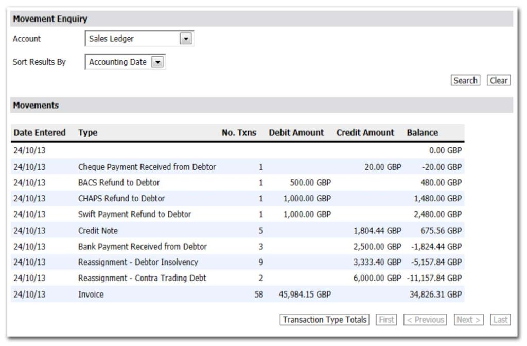 Example results Sales Ledger When you select the account type of Sales Ledger, you will see a list