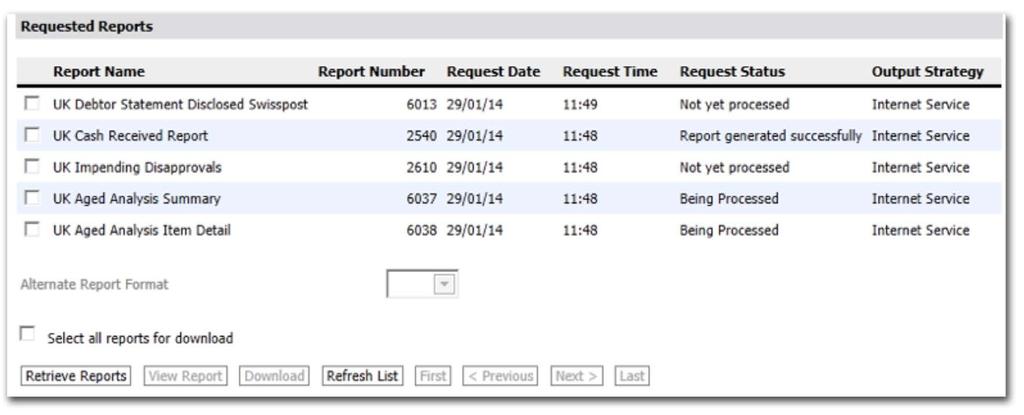 3 REPORTS REQUESTED FROM you can use these fields to restrict the list to only those reports requested within a specific date range. 4 Click on RETRIEVE REPORTS.