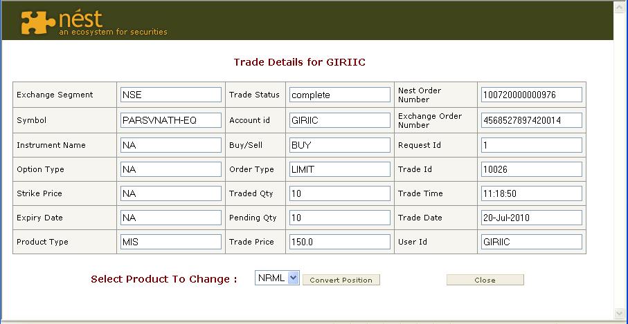Trading Symbol, Order Type, and Product Code.