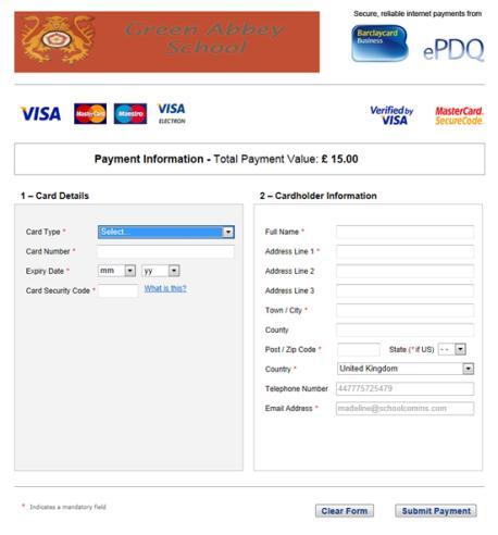 Payment Screens Enter your card details and cardholder information To complete your payment select Submit payment