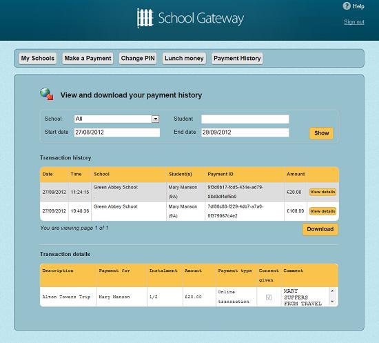 entering the students name Select a start date and/or end date of when a payment was made Select Show to run the search To view details of a transaction
