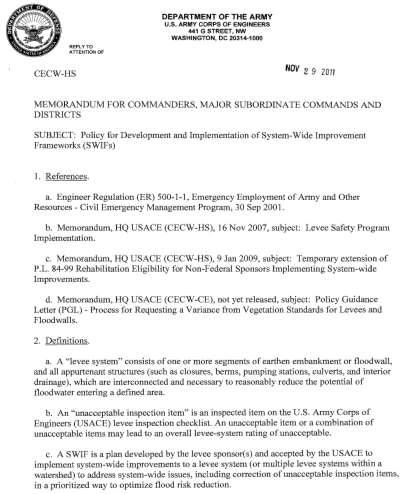 SWIF REQUIREMENTS Letter of Interest Coordination with USACE Planning