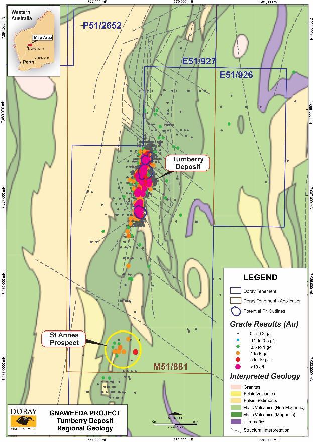 Gnaweeda Project Area 3 high grade zones identified to date at Turnberry Next target - St Annes ready for RC drilling with similar geology and signature to Turnberry Current