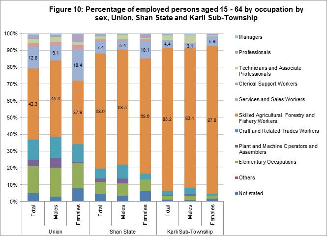 In Karli Sub-Township, 85.2 per cent of the employed persons aged 15-64 are skilled agricultural, forestry and fishery workers and is the highest proportion, followed by 4.