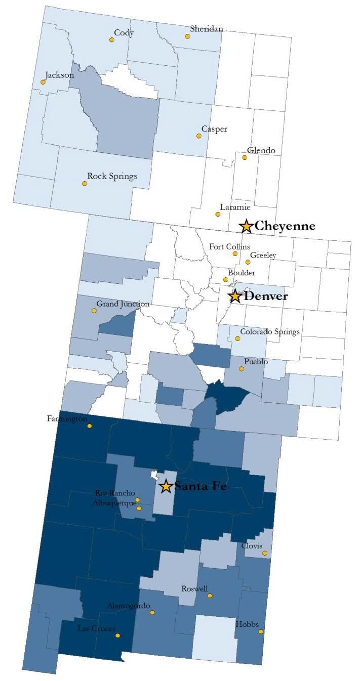 Unemployment rates have trended down in Colorado, New Mexico and Wyoming, but remain elevated in some areas.