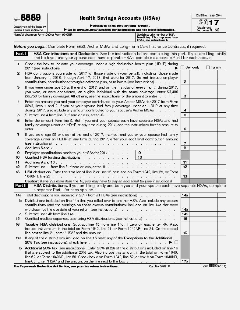 HSA Reporting HSA Owner IRS Form 1040 Deduction (Subtraction line 25) IRS Form 8889 Part 1 Contributions