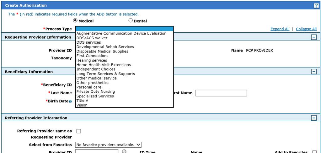 Creating a Prior Authorization Request The Authorization selection defaults to
