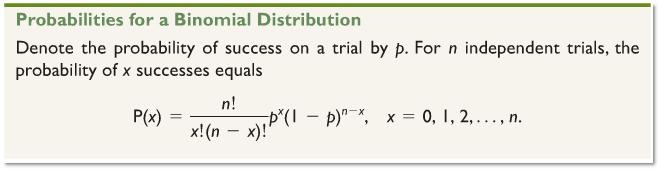 Conditions for Binomial Distribution 1. Each of n trials must have two possible outcomes: success or failure 2.