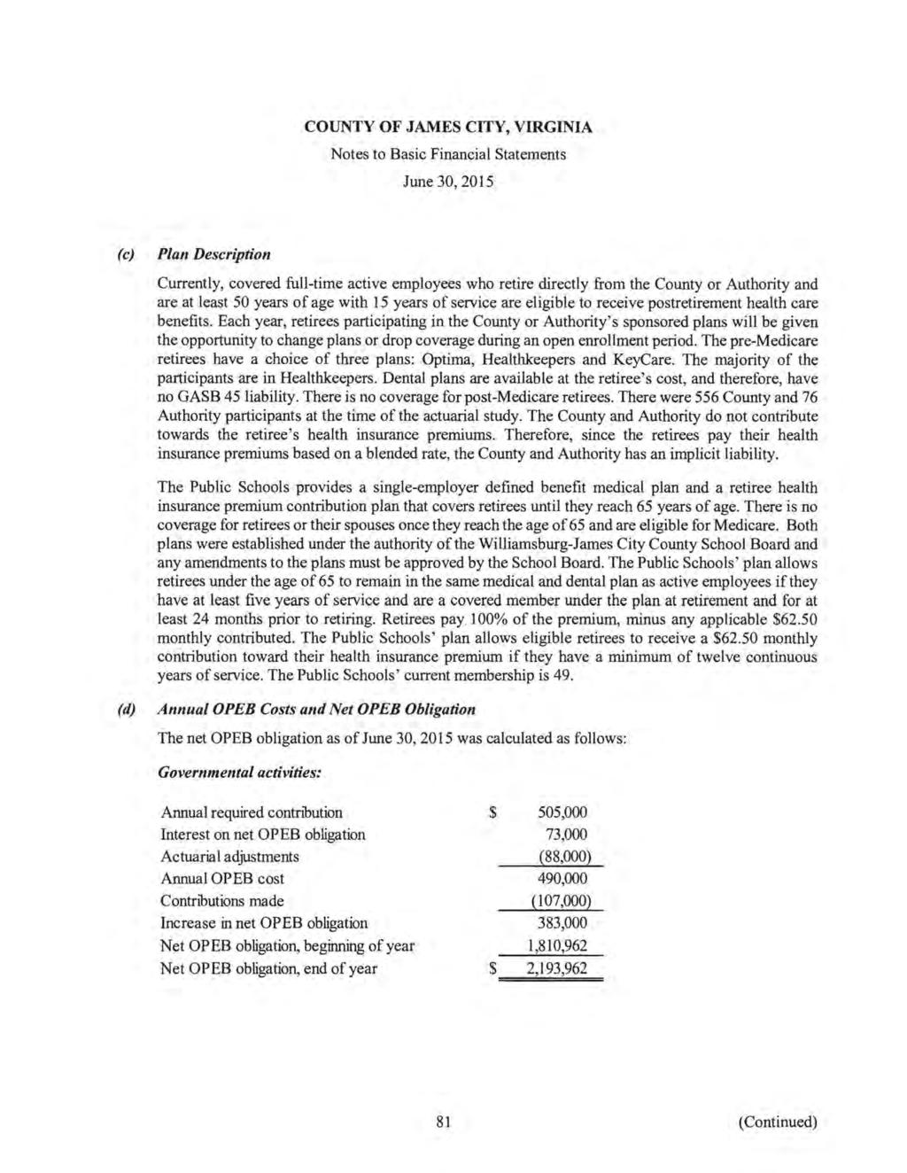 COUNTY OF JAMES CITY, VIRGINIA Notes to Basic Financial Statements June 30, 2015 (c) Plan Description Currently, covered full-time active employees who retire directly from the County or Authority
