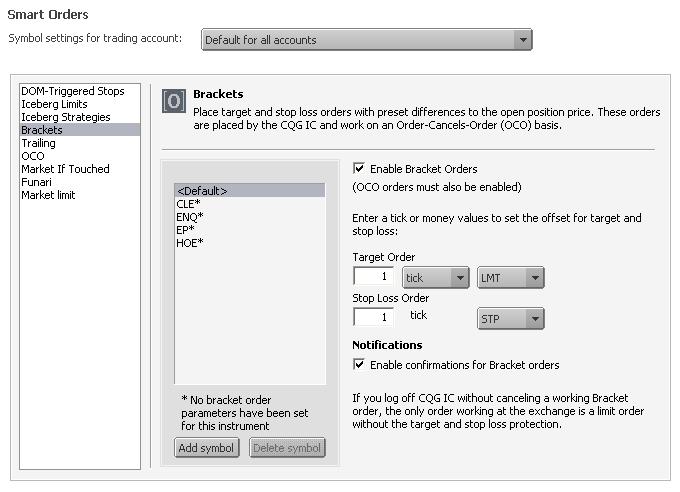 Configure Brackets In order to place bracket orders, you must select the Enable check box. You can only do that if OCO orders are enabled. Enter a tick, profit value, or price for the target order.