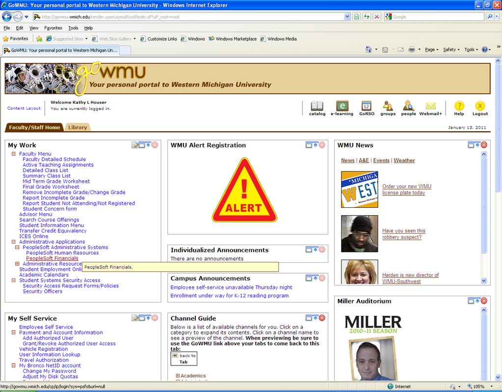 After logging into GoWMU, locate the Faculty/Staff Home tab on the left side of your screen.
