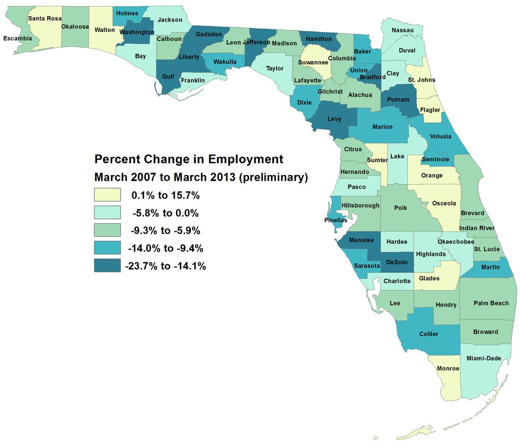 Employment Still Down from Peak Levels, But Improving... Six years past March 2007, Florida was still -6.