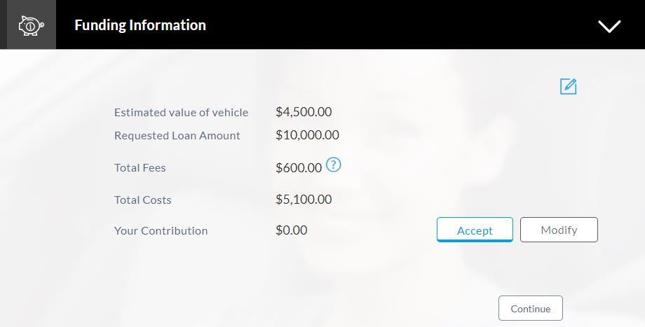 3.5.3 Funding Information This section displays the total fees that are applicable on the loan application, the total cost which is the sum of the estimated value of the vehicle and the fees, as well