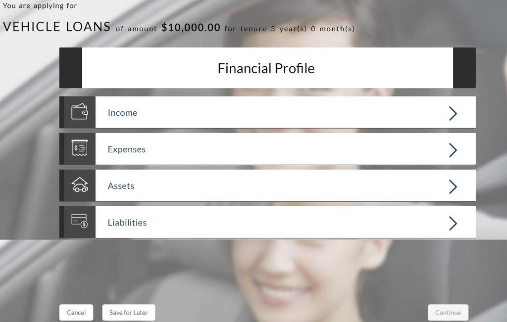 3.6 Financial Profile This page comprises of multiple sections in which you can enter your financial details in the form of income, expenses, assets and