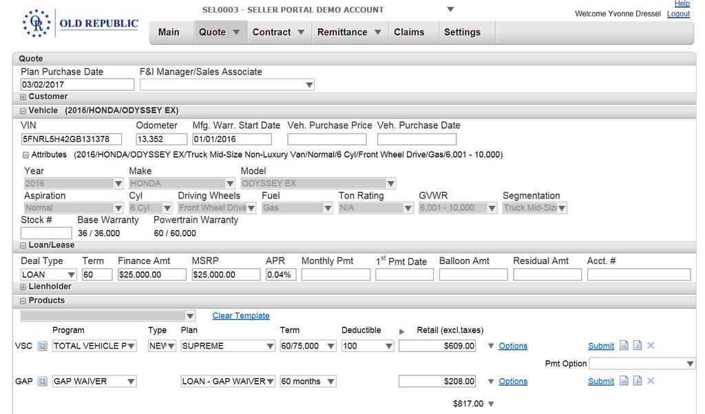 Product availability and pricing is displayed by inputting the requested data in the Vehicle section.