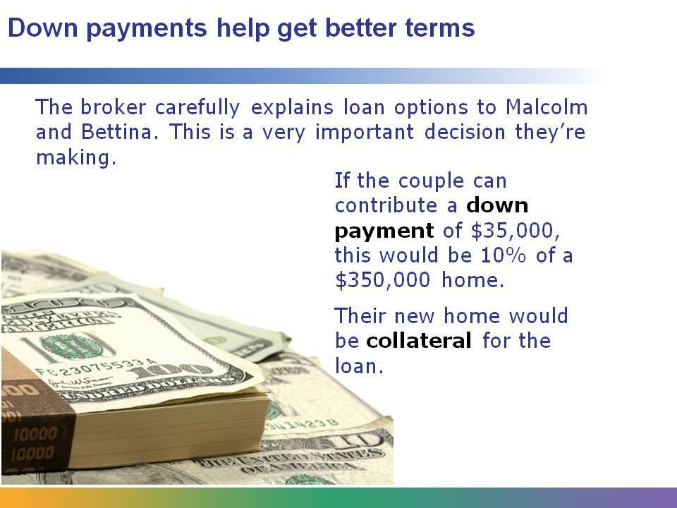 By putting a down payment on a home, the buyer is able to take out a smaller loan amount. Often, banks will give better terms when a significant down payment is made.