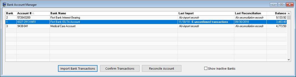 Bank Account Manager Menu: File Open Bank Account Manager Home: All Actions Trust Accounts Bank Account Manager The Bank Account Manager provides a summary view of all of the bank accounts in TAS.