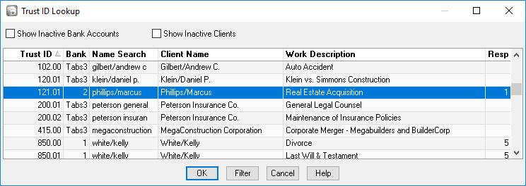 Trust Accounts Menu: File Open Trust Account Home: All Actions Trust Accounts Trust Account Information Trust accounts are individual records used to track activity for trust clients.