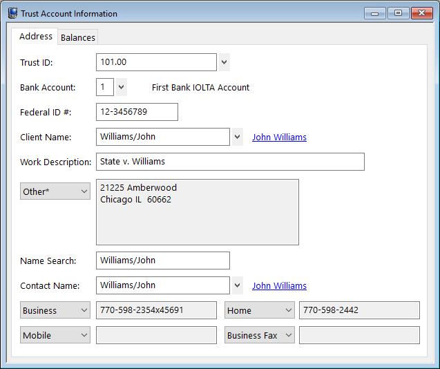 Address Tab The Address tab consists of preliminary name and address information for the trust account.