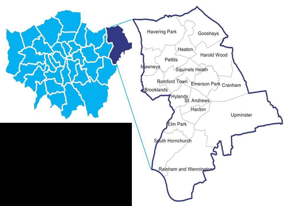 Geographical Profile Geographical Location Havering is the third largest London borough, covering some 43 square miles. It is located on the northeast boundary of Greater London.