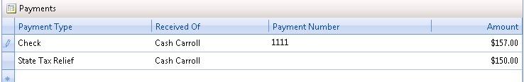 00 in the Apply Amount field. The payment screen correctly pulls in the State Tax Relief Amount.