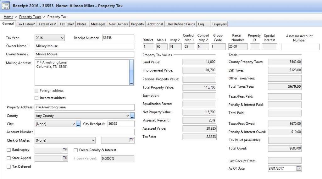 NextGen Property Tax Inquiry Screen User can access various information by clicking on a desired tab.