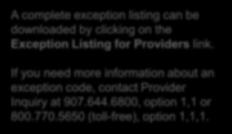 Exception Listing for Providers link.