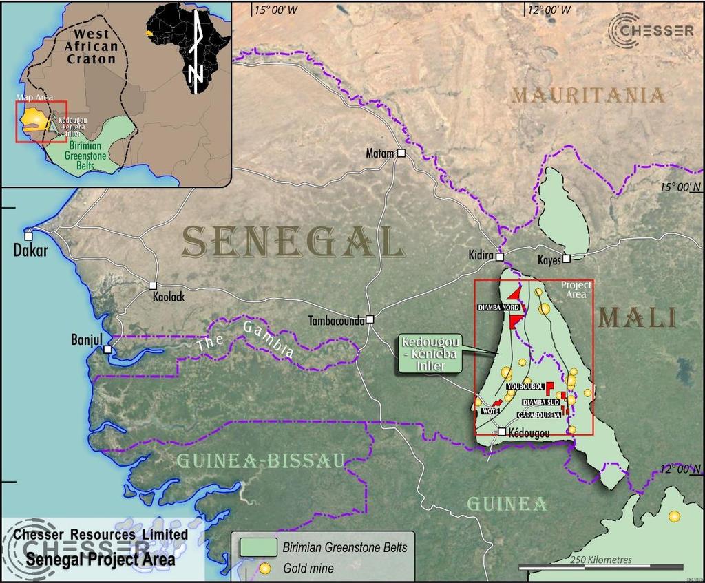 SENEGAL EXPLORATION PROJECTS Chesser s Senegal exploration permits are located within the Kedougou-Kenieba Inlier close to the Senegal-Mali border in a richly auriferous district (Figure 1).