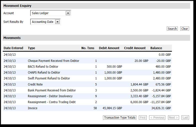 Example results Sales Ledger When you select the account type of Sales Ledger, you will see a list of