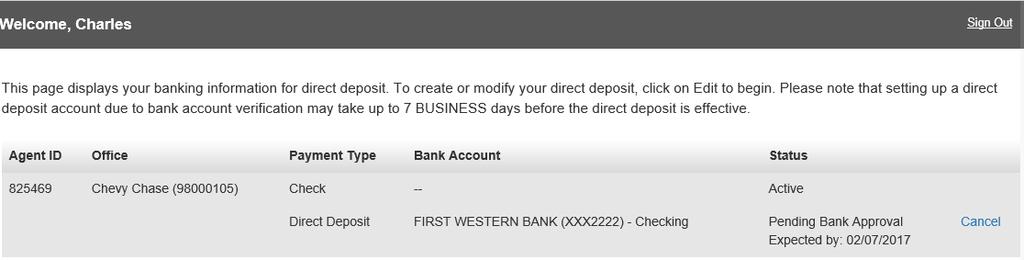 8. Direct Deposit will now be displayed as the payment type and the bank account name and type will be displayed.