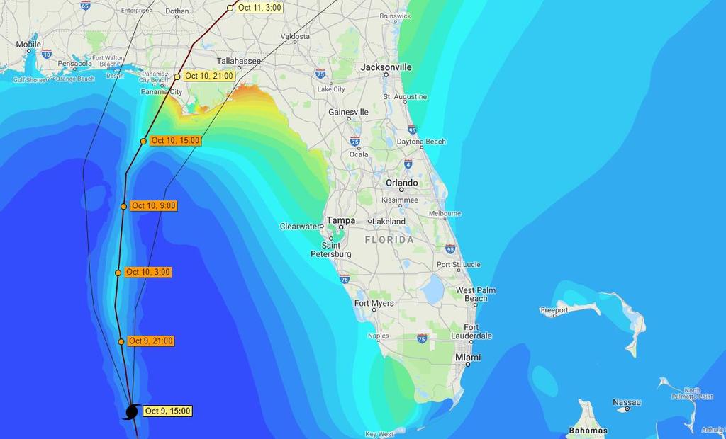 Due to the shape of the Western Floridian coast (which curves by a degree of almost 90% south of Tallahassee), a storm surge is also