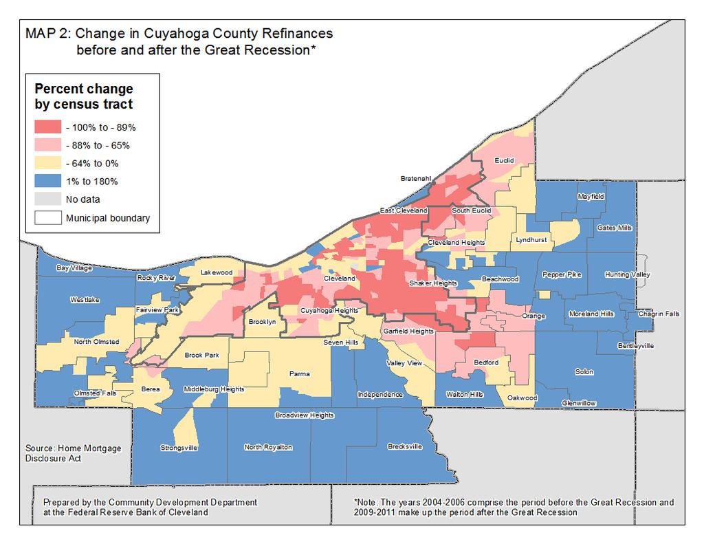Map 2 displays the percent change in the number of refinance originations from the period right before the Great Recession and the period immediately following the Great Recession.