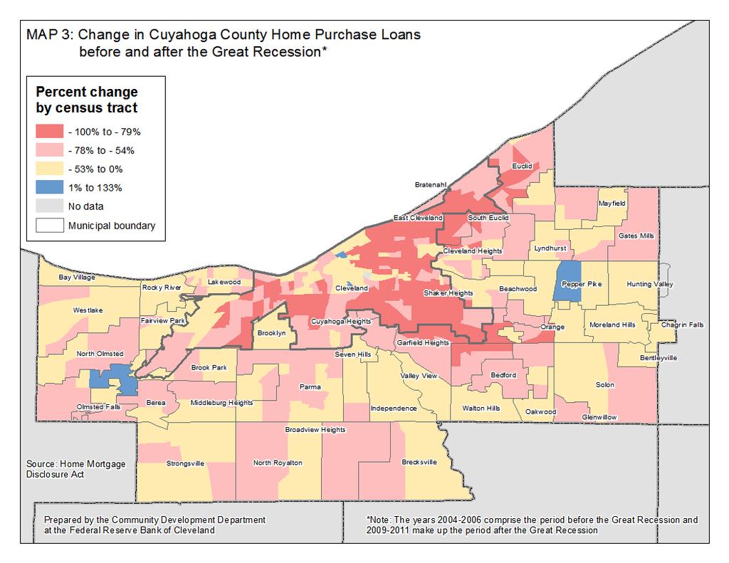 Most areas in the county experienced declines in home purchase loans, with the