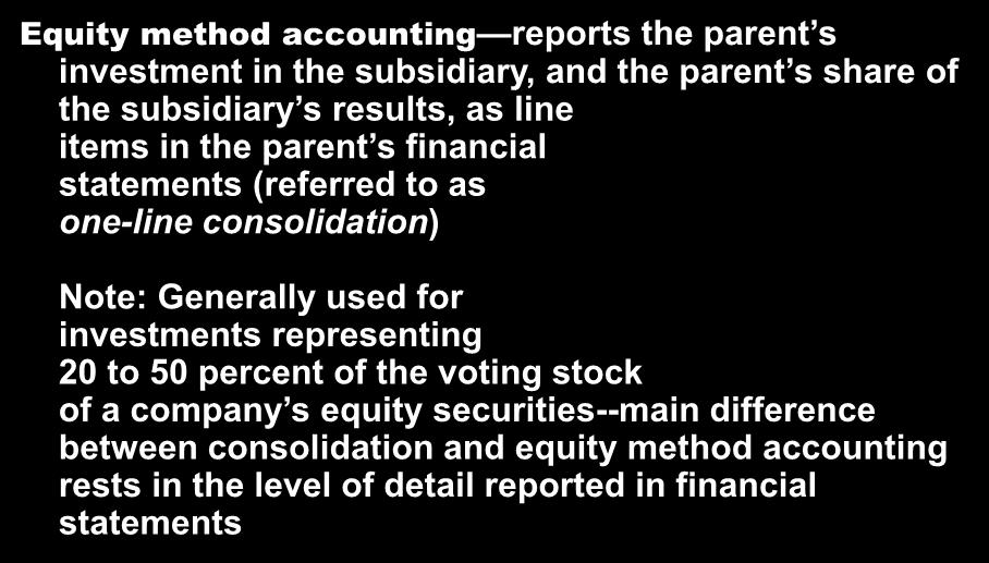 Intercorporate Investments Equity Method Accounting Equity method accounting reports the parent s investment in the subsidiary, and the parent s share of the subsidiary s results, as line items in