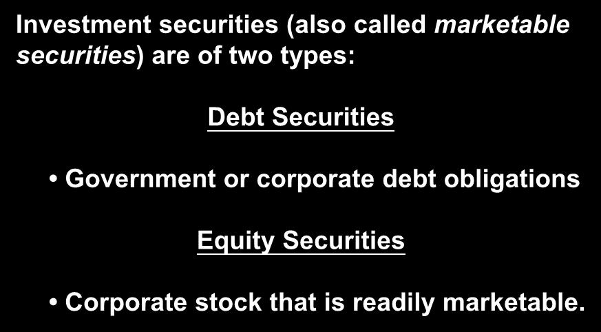 Investment Securities Composition Investment securities (also called marketable securities) are of two types: