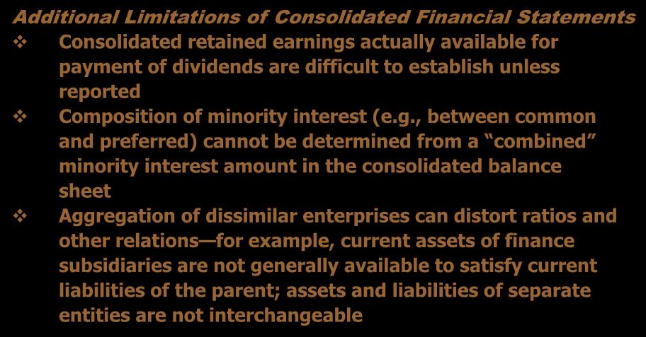 Business Combinations Analysis Implications Additional Limitations of Consolidated Financial Statements Consolidated retained earnings actually available for payment of dividends are difficult to