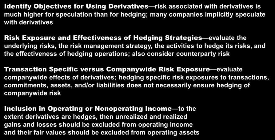 Derivative Securities Analysis of Derivatives Identify Objectives for Using Derivatives risk associated with derivatives is much higher for speculation than for hedging; many companies implicitly