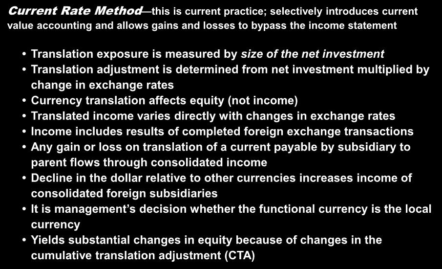International Activities Analysis Implications of Foreign Currency Translation Current Rate Method this is current practice; selectively introduces current value accounting and allows gains and