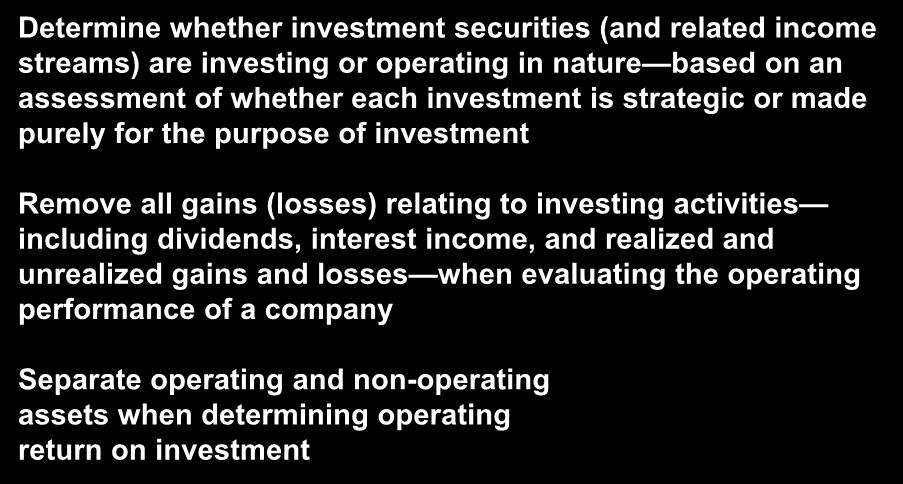 Investment Securities Separating Operating from Investing Assets and Performance Determine whether investment securities (and related income streams) are investing or operating in nature based on an