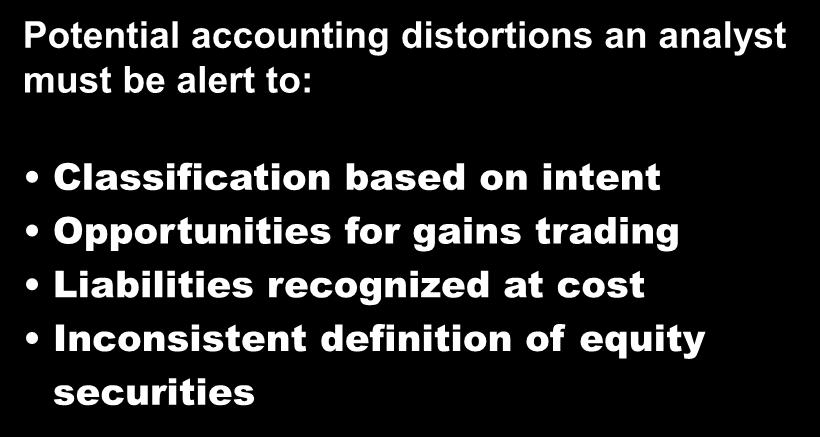Investment Securities Analyzing Accounting Distortions from Investment Securities Potential accounting distortions an analyst must be alert to: