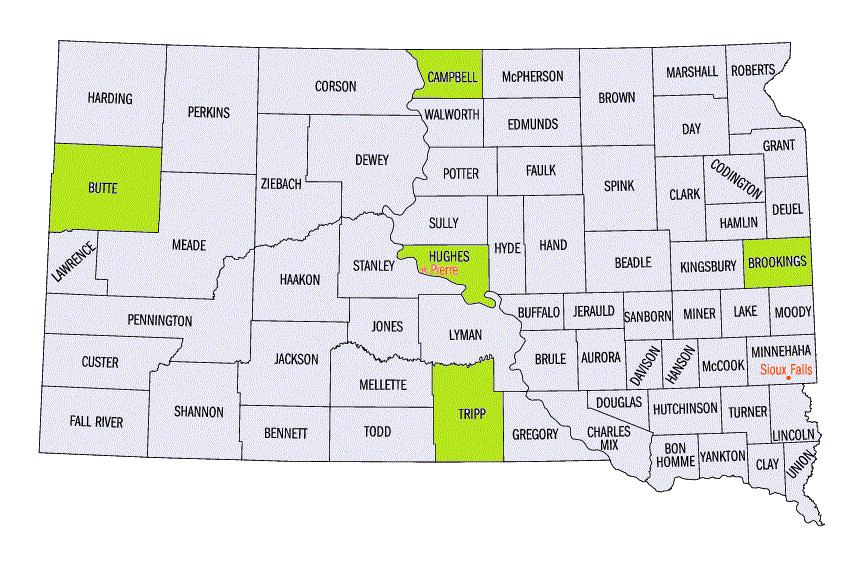 Figure 1. County Map of South Dakota The results from different counties can be compared to show any variation in optimal weights from different regions.