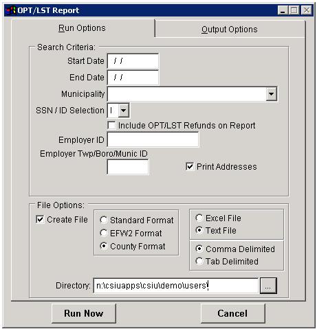 OPT/LST TAX REPORTING OPT/LST Report REPORTS > PERIODIC > OPT/LST REPORT/FILE This report lists employee name, address, employee ID or Social Security number (if selected), check number, check date,