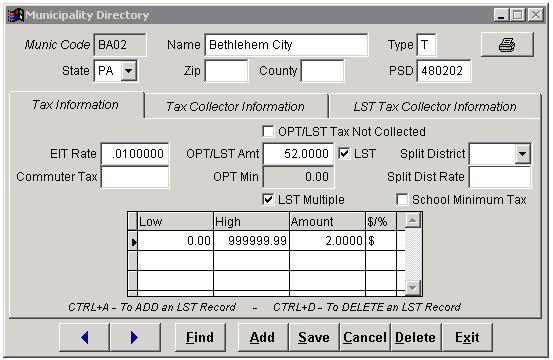 In order to take this tax in multiple pays, select both the LST and LST Multiple checkboxes. The grid will then be enabled so you can enter the amounts needed.